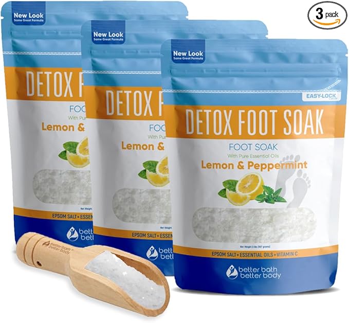 Detox Foot Soak (3 Pack Plus Scoop) Epsom Salt Soothing Soaks and Athlete's Foot Detox with Essential Oils in BPA Free Pouch with Press Lock Seal (Bundle with Three 2 Lbs Pouches 6 Lbs Total)