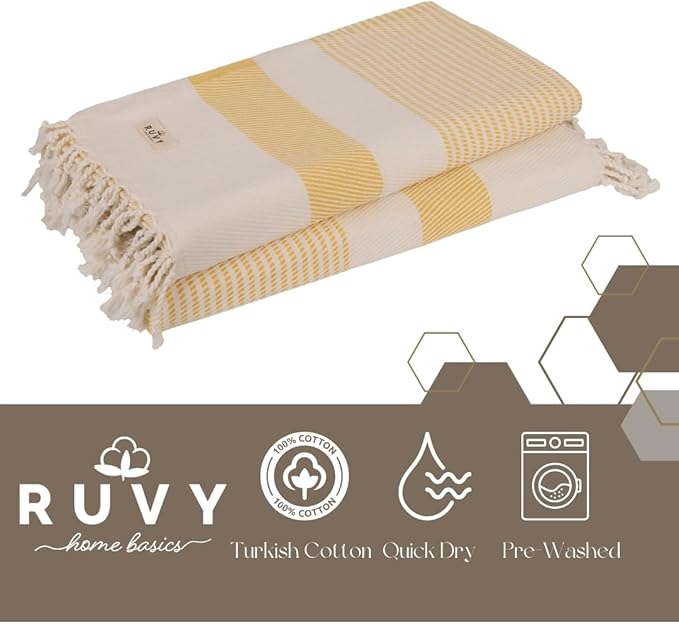 Ruvy Home Basics 2 Pack Turkish Beach Towels – Oversized Quick-Dry Bath Towels (40 x 72 Inches) – 100% Cotton Large Towels for Pool, Yoga, Travel, Camping Essentials, and Bathroom Decor - Yellow