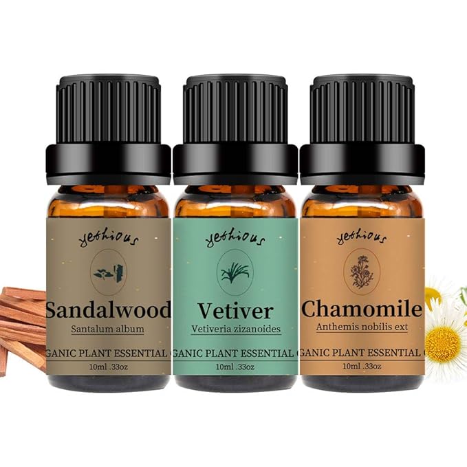 Yethious Chamomile Sandalwood Vetiver Essential Oil Set Organic 100% Pure Aromatherapy Oils for Diffuser