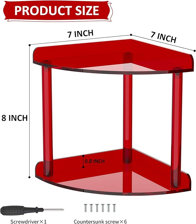 2 Tier Countertop Corner Organizer Shelf 7x7x8 Inch, Red Acrylic Bathroom Corner Shelf for Countertop, Vanity Storage for Skincare, Cosmetics, Perfume