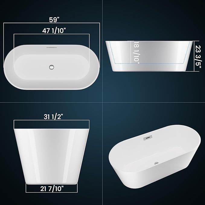 59 in Acrylic Freestanding Bathtub, Contemporary Stand Alone Tub,Glossy White Soaking Tub, Oval Bathtub with Chrome Overflow and Drain,CUPC Certified