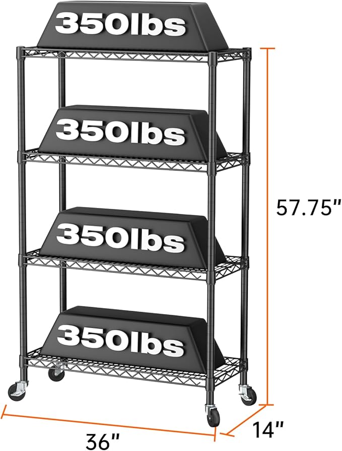 SINGAYE 4 Tier Adjustable Storage Shelf with Wheels Heavy Duty Shelving Unit Rack Shelves Wire for Garage Office Pantry Kitchen 14" Dx36 Wx58 H 1400LBS Black