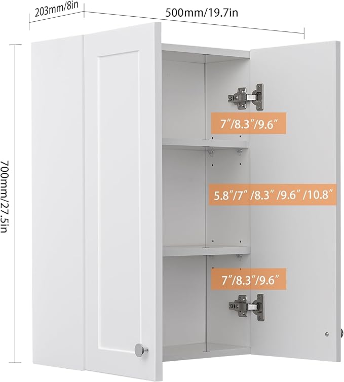 White Wall Mount Cabinet, MDF Over The Toilet Storage Cabinet with Adjustable Shelves, Space Saver 2 Door Medicine Cabinet for Bathroom Laundry Kitchen, 19x 27in, No Paint Odor