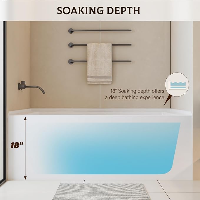 60 Inch Alcove Soaking Bathtub, Rectangular Acrylic Tub with Integral Apron, Left Drain, Glossy White Finish, Brushed Nickel Pop-Up Drain, Contemporary Recessed Bathtub for Bathroom Upgrade