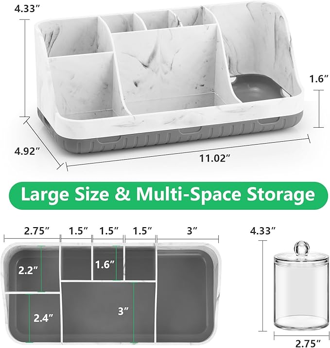 Bathroom Toothbrush Holder Set with 2 Pack Qtip Holder Dispenser - Detachable 7 Slots Bathroom Accessory Set, Kids Marble Bathroom Sink Counter Set, Bathroom Essentials Decor, Grey