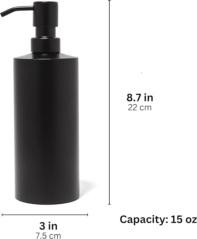 Black Soap Dispenser Stainless Steel for Bathroom and Kitchen Sink, 15oz Refillable Round Rustproof Hand Dish Soap Dispenser Pump for Detergent, Lotion, and Countertop