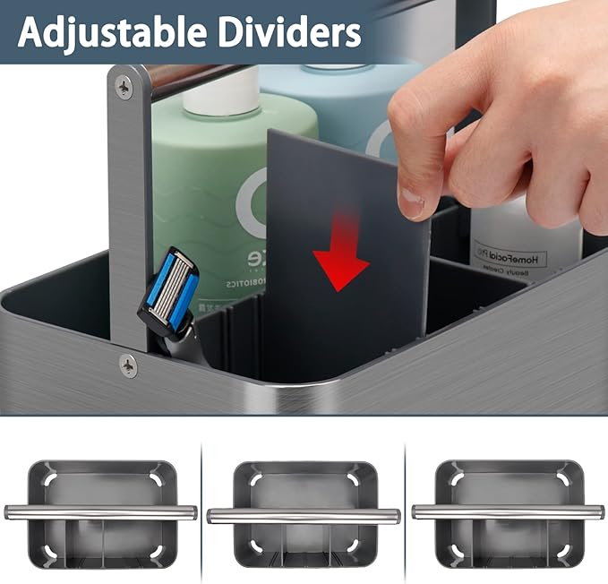 Portable Shower Caddy Basket Bin with Handle and Adjustable dividers for College Dorm, Large Plastic Bathroom Storage Organizer Tote,Gray