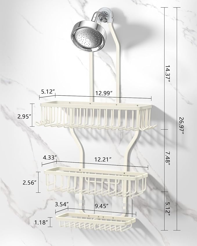Shower Caddy Hanging - Never Rust Shower Hanging Organizer - Aluminum Over the ShowerHead Caddy with Soap Basket and 6 Hooks for Razor/Sponge (Milky White)