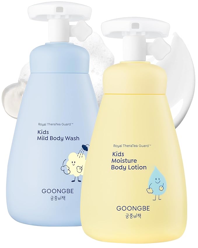 GOONGBE Kids Complete Body Care Set - Korean Low pH Body Wash & 24hr Moisturizing Lotion - Hydrating Formula with Panthenol, Amino Acids, Cica & Squalane - Allergen-Free Scent, 10.1 fl.oz & 2.7 fl.oz