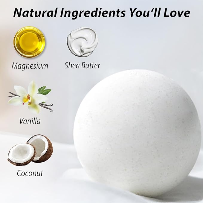 Magnesium Bath Bombs Post Workout Recovery Sore Muscles Tension Epsom Salt Bath Infused with Vanilla SheaButter Coconut Perfect Stocking Stuffers Gift