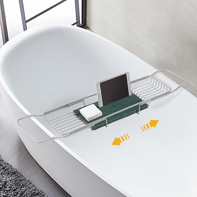 Bathtub Tray Caddy for Luxury Bath, Stainless Steel 26.8-35.4 in Expandable Extra Wide Bath Tub Tray with Natural Marble and Mobile/Tablet Stand, Ideal for Home Spa Lovers (Silver + Green)