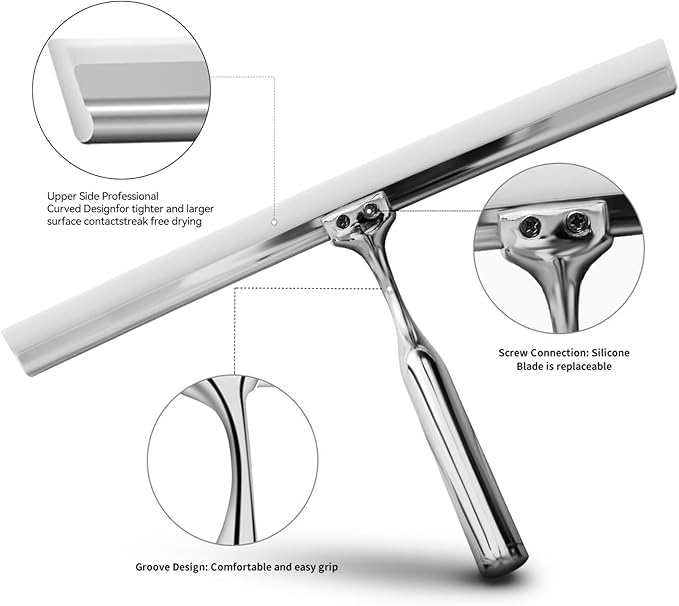 Shower Squeegees Stainless Steel with Self Adhesive Hook Window Squeegees for Shower Doors Bathroom Mirror Wiper, Window Glass Cleaning