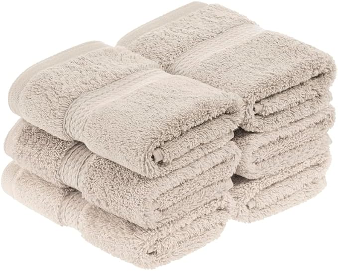 Superior Egyptian Cotton Pile Face Towel/Washcloth Set of 6, Ultra Soft Luxury Towels, Thick Plush Essentials, Absorbent Heavyweight, Guest Bath, Hotel, Spa, Home Bathroom, Shower Basics, Stone