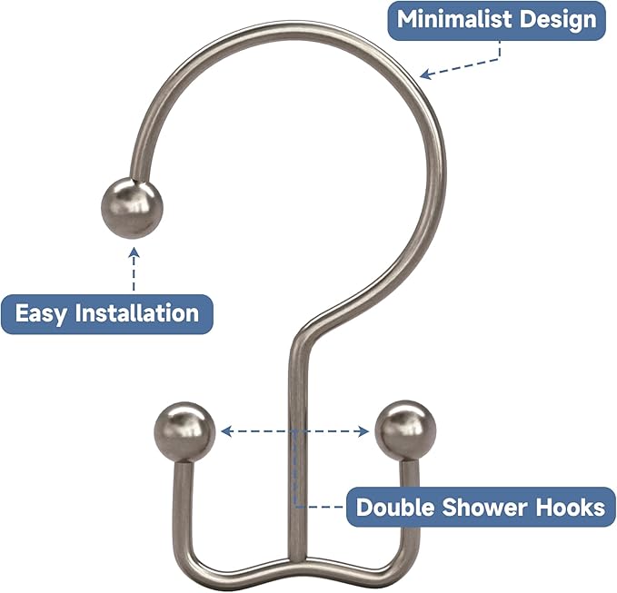 Titanker Shower Curtain Hooks Nickel, Minimalist Simple Double Glide Shower Curtain Rings, Rust Proof Metal Shower Hooks Rings for Bathroom Shower Rods Curtains, Set of 12 Hooks