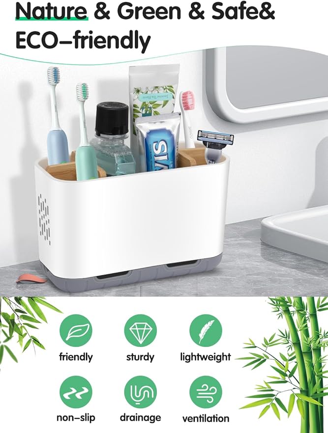 Toothbrush Holders for Bathrooms - Bamboo Divider Toothbrush and Toothpaste Holder with Drainage, Kids Electric Toothbrush Organizer for Bathroom Countertop, White Tooth Brush Holder