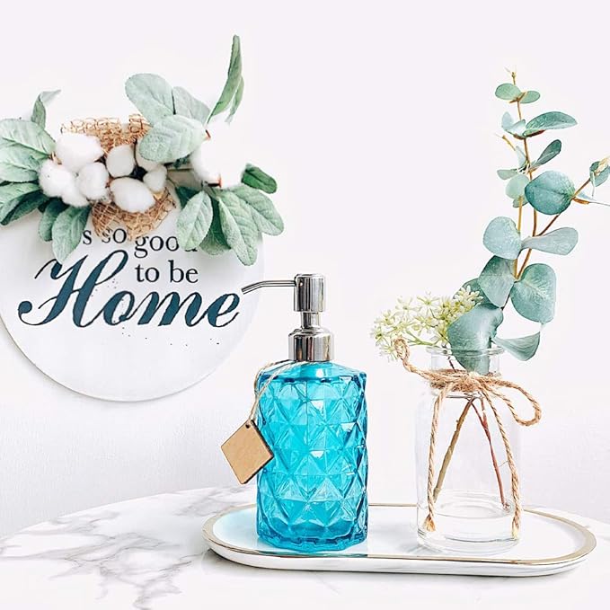 JASAI Diamond Design Soap Dispenser with 304 Rust Proof Stainless Steel Soap Pump, 12 Ounce Kitchen Soap Dispenser for Bathroom, Hand Soap, Dish Soap (Clear Blue).