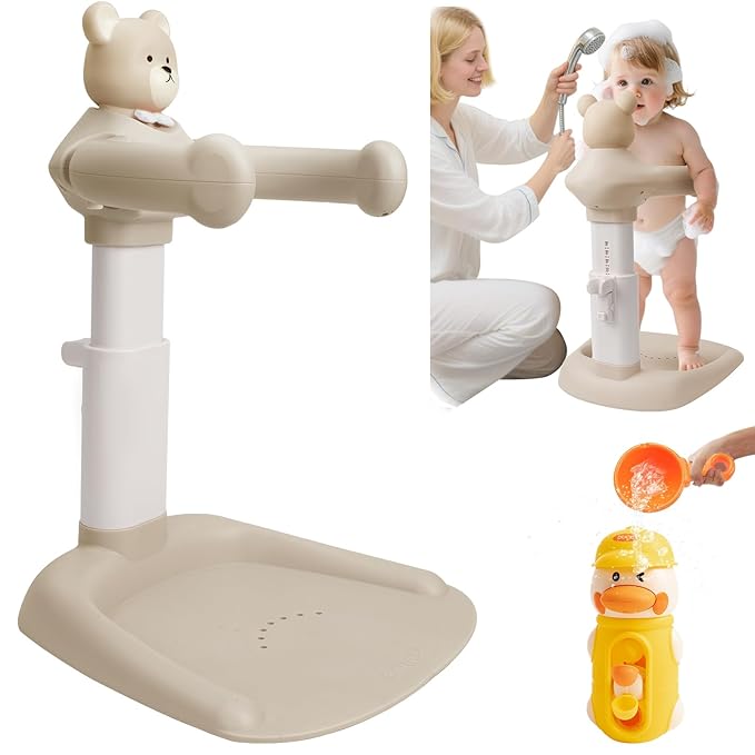 Adjustable Baby Shower Stand with Slip Base,Huggable Bear Bathing Support,Portable Shower Baby Stand,Bath Standing Shower with Toy Little Duck, Baby Bath Seat(Caramel)