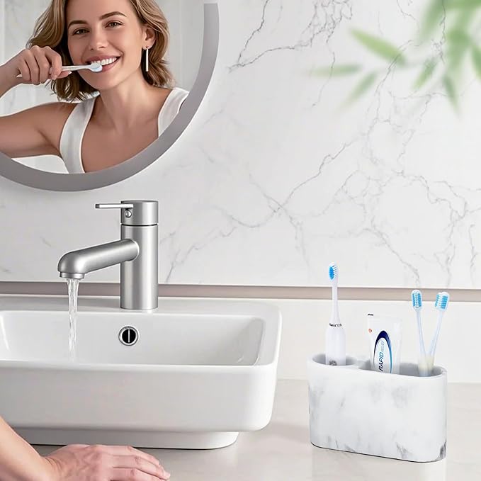 Luxspire Toothbrush Holder, 2 Slots Toothbrush and Toothpaste Holdersfor Bathrooms, Resin Toothbrush Holder Electric Toothbrush Stand for Vanity Countertop, Bathroom Accessories, Gravel White