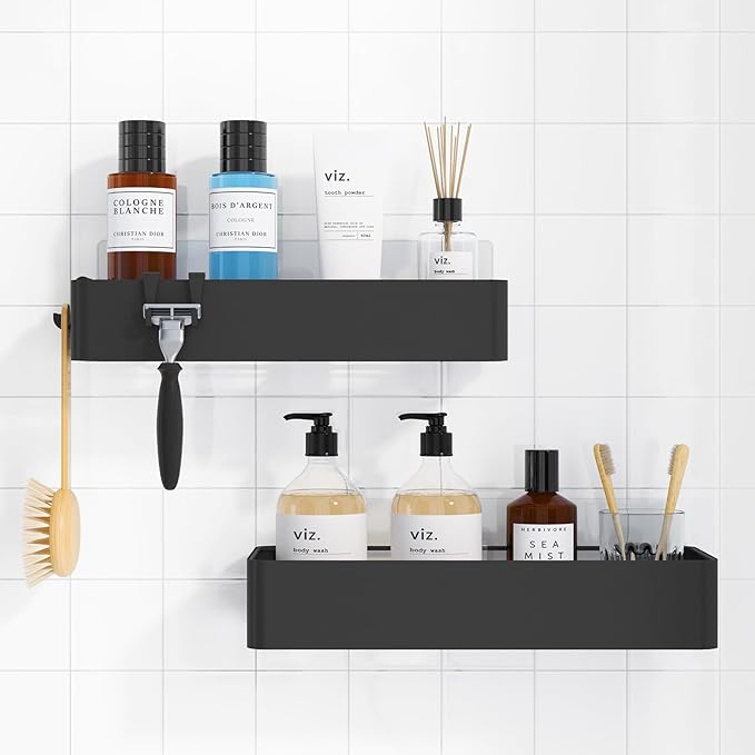 Kitsure Shower Caddy - 2 Pack Adhesive Shower Organizer, Rustproof Metal Shelves, No-Drill Bathroom Organizers and Storage, Black, Large