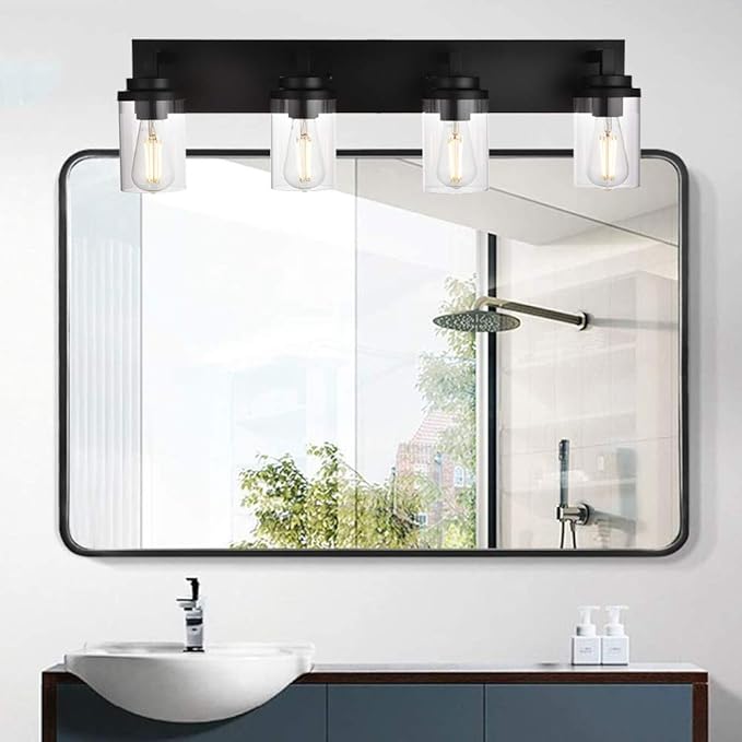 MELUCEE 4-Light Vanity Lights Over Mirror, Farmhouse Bathroom Light Fixtures Black with Clear Glass Shade, Industrial Wall Mount Lamp for Bedroom Kitchen Hallway