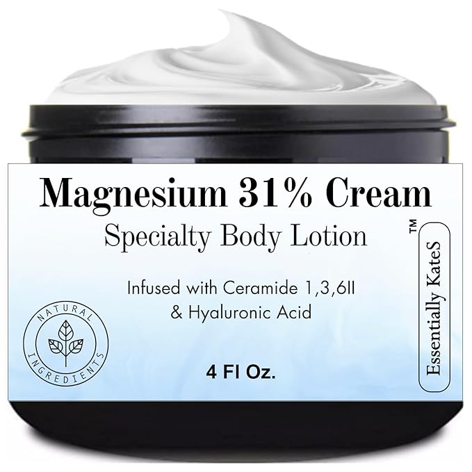 Magnesium 31% Cream Lotion 4 Fl Oz - Infused with Ceramides 1, 3, 6II and Hyaluronic Acid - Soothing, Relaxing, Hydrating, and Even Skin Tone - Helps Relax Sore Muscles and Stiffness