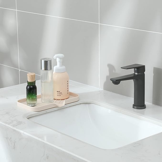 Silicone Bathroom Soap Dishes with Drain Spout-Bathroom and Kitchen Sink Organizer,Sponge Holder,Dish Soap Tray,Perfect for Dispenser,Scrubber,Bottle,Cup on Sink or Counter-Tapioca 9.6"×5.3"