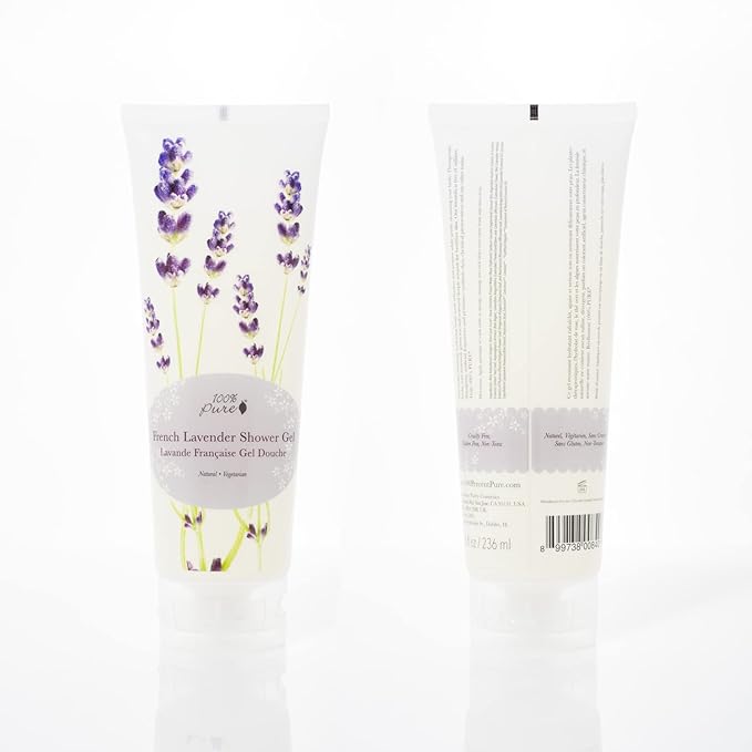 100% PURE French Lavender Shower Gel Natural Foaming & Hydrating Body Wash - Deeply Moisturizing Gentle Soap Cleanser for All Skin Types, Even Sensitive - Gluten-Free - 8 Fl Oz