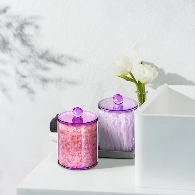2 Pack Qtip Holder,Canister Apothecary Jar Set, Bathroom Jars with Lids Set for Cotton Swabs, Balls, Pads, Floss Picks,10oz-12oz Plastic Canisters Restroom Bedroom Vanity Organizer(Purple)