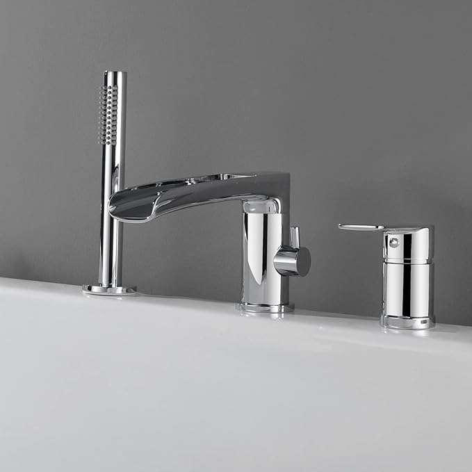 TapLong Waterfall Roman Tub Faucet with Hand Shower, Widespread Deck Mount Bathtub Faucet with Sprayer, Single-Handle 3-Holes Bathtub Shower Faucet Set in Chrome, 03119CH