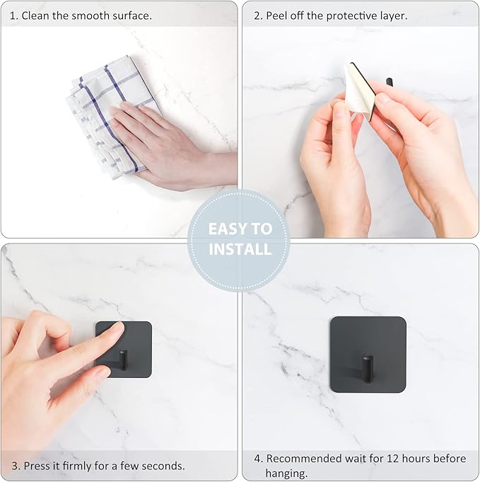 VIS'V Adhesive Hooks, Heavy Duty Shower Wall Stick on Hooks, Waterproof, 2 Extra Adhesive Strips, Black, 4 Pcs