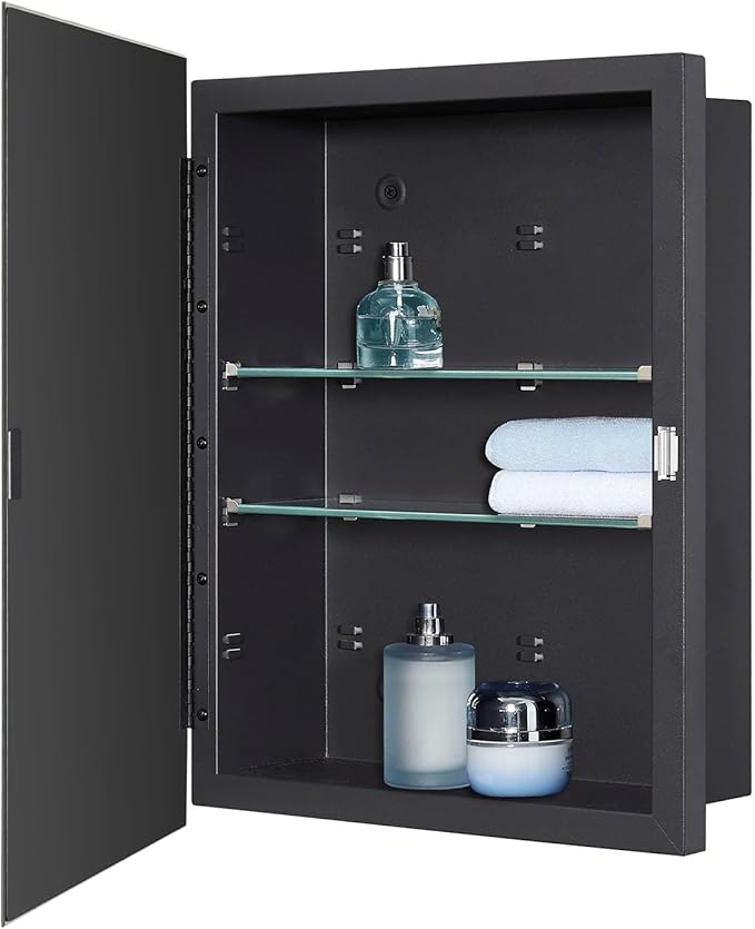 Black Bathroom Medicine Cabinet with Beveled Edge Mirrored Door 14 x 18 inch, Recessed or Surface Mount, with Adjustable Glass Shelves