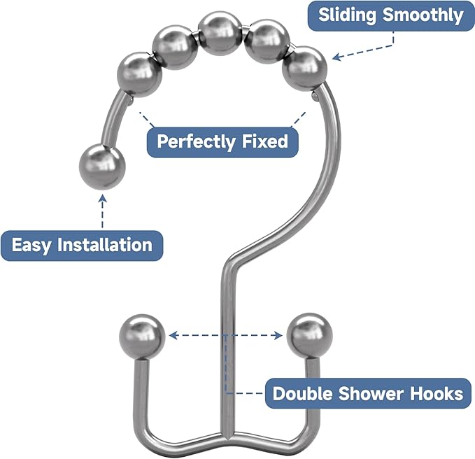 Titanker Shower Curtain Hooks Rings, Rust Resistant Metal Double Glide Shower Hooks Rings for Bathroom Shower Rods Curtains, Set of 24 Hooks - Chrome