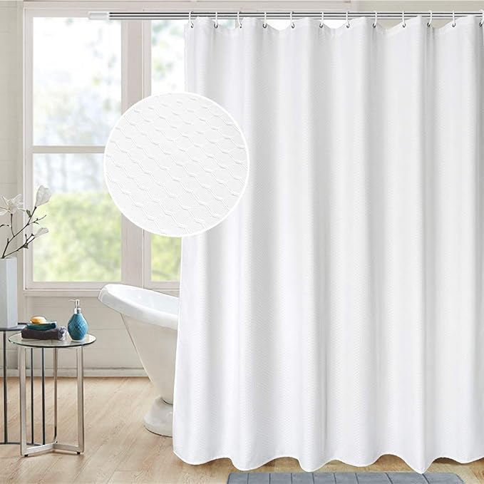 AooHome Extra Long 72x86 Inch Shower Curtain, Fabric Waffle Weave Decor Bath Curtain with Hooks, Weighted Hem, Heavy Weight, Water Repellent, White, 72 Width by 86 Height Inch
