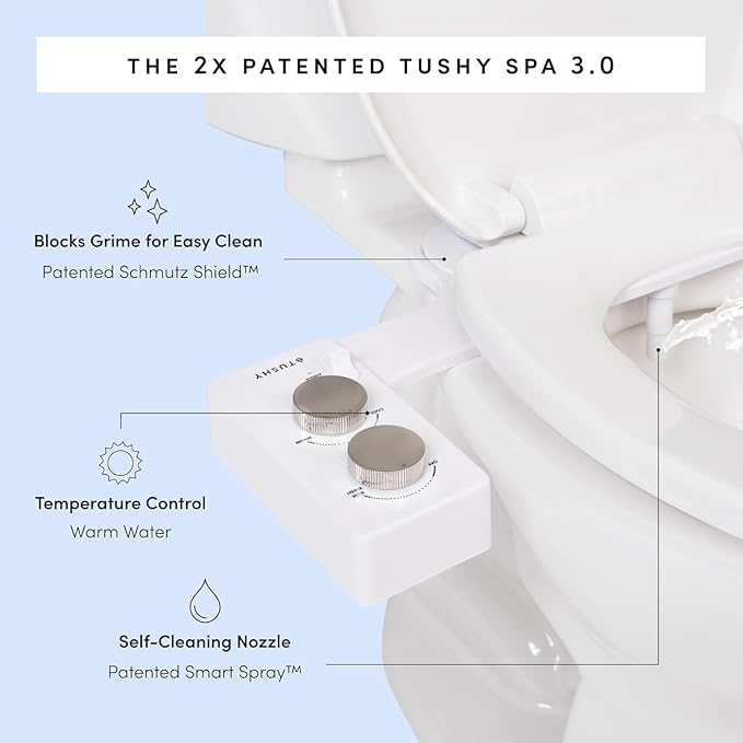 TUSHY Spa Warm Water Bidet Attachment for Toilet. Universal Fit, Easy Install (Requires Sink Access for Optional Temperature Control) Self Cleaning, Adjustable Pressure, Angle Control, Platinum Knob