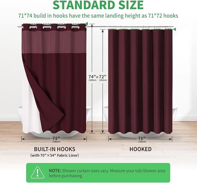 No Hooks Needed Linen Textured Shower Curtain with Snap-in Fabric Liner Set,Hotel Luxury Decor Shower Curtains for Bathroom with Mesh Top Window,Waterproof & Washable,71Wx74H,Burgundy