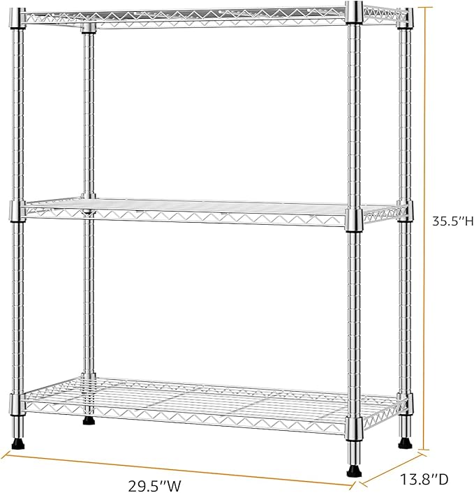 750 lbs 3 Tier Storage Rack Metal Wire Shelving Unit, Storage Standing Shelf Organizer for Laundry Bathroom Kitchen Pantry Closet Garage Basement Utility Room, Chrome 13.8" D x 29.5" W x 35.5" H