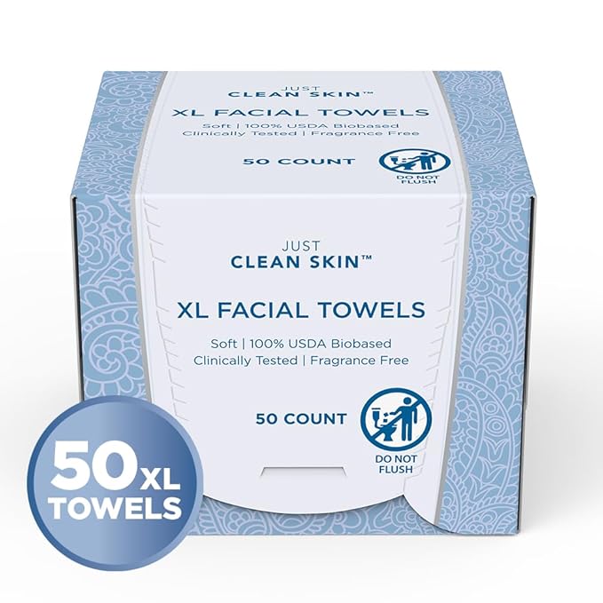 Dry Face Towels 50 Count | 10" x 11.5" Extra Large Disposable Dry Wipes | Plant-Based Viscose, 100% USDA Biobased | Makeup Remover Face Wipes | Ultra Soft Towelettes for Sensitive Skin
