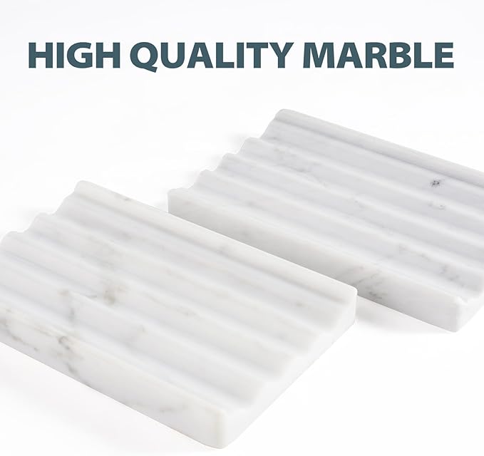 Soap Holder, Marble Soap Dish for Shower, Bar Soap Holder with Water Ripple Design, Easy Cleaning Soap Saver for Kitchen Sink，Bathroom, Executive Italian Natural Stone Soap Tray(Bianco Carrara)