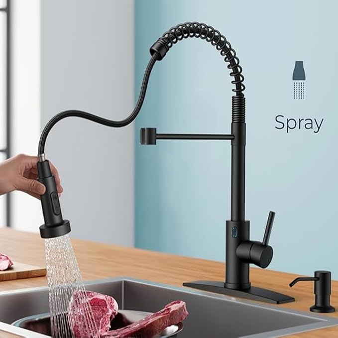 Touch-Less Kitchen Faucet, 3 Modes Pull Down Sprayer, LED Temperature Control,Motion Sensor Activated,Ceramic Valve,360-Degree Rotation,1 or 3 Hole Deck Plate. 10-Year Warranty. (KW-79RR, Black)