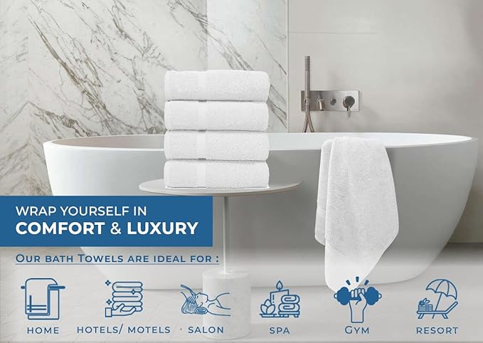 DAN RIVER Bath Towels Set of 4, 27 x 54 Inches, 100% Cotton, Larger & Lighter Weight, Quicker to Dry, Super Soft and Absorbent, Ideal White Towels for Daily Use