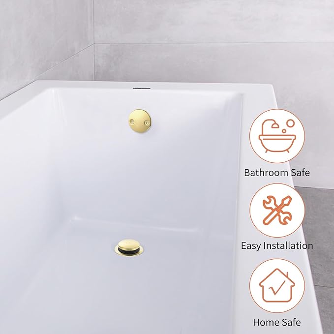Gold Bathtub Drain Tip-Toe Tub Trim Set with Two-Hole Overflow Faceplate Bathroom Tub Drains Replacement Conversion Tub Drain Kit Assembly with Universal Fine & Coarse Thread