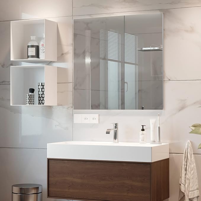 Fundin Stainless Steel Medicine Cabinet, Bathroom Mirror Cabinet, Surface Mount and Recess Mount, 23.6 x 25.6 inch, with Unique Half-Shelves for Greater Storage adjustability