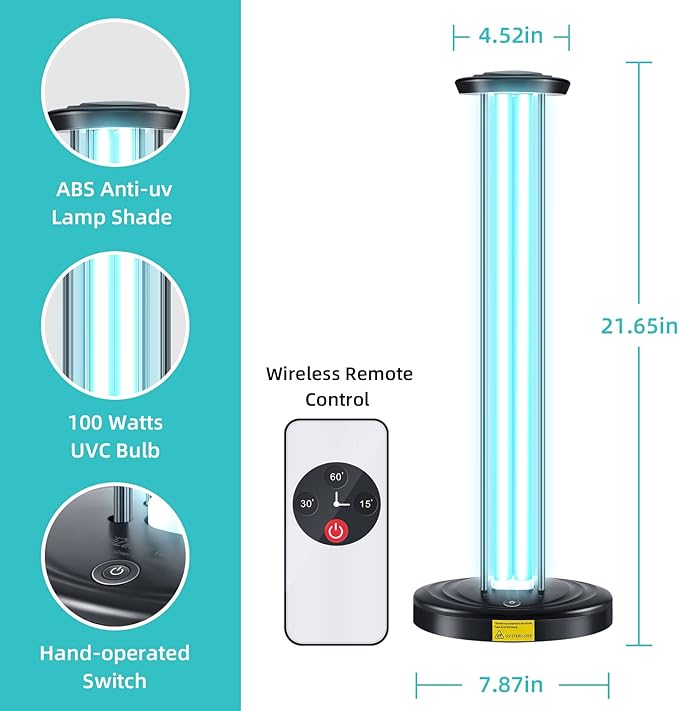 100W UV Light with Ozone, 3-Gear Timer & Remote Control, Home Purification Device, Dust Mite & Mold Eliminator, Bed Bug Remover for Bathroom, Bedroom, Basement