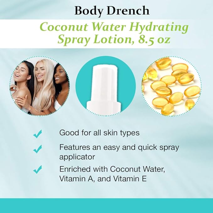 Body Drench Coconut Water Hydrating Spray Lotion for All Skin Types, 8.5 fl oz