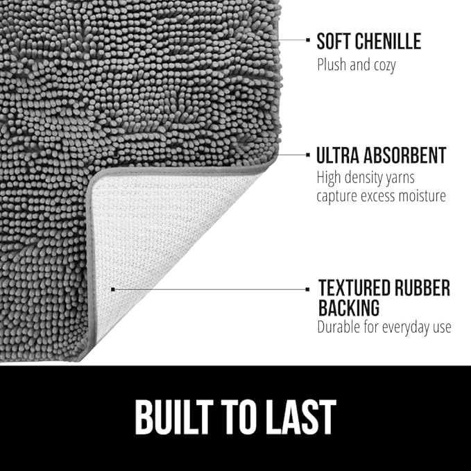 GORILLA GRIP Bath Rug Mat, Thick Soft Absorbent Chenille, Quick Dry Microfiber Mats, Rubber Backing Washable Shower Floor Rugs, Bathmat Runner, US Designed Bathroom Home Decor Accessories 24x17, Grey
