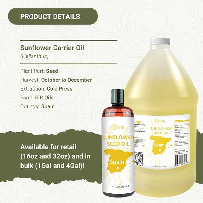 Sunflower Carrier Oil (32oz) - Direct from EIR Oils' Farmland in the Sunny Fields of Spain - 100% Pure Carrier Oil for Hair, Face, and Skin