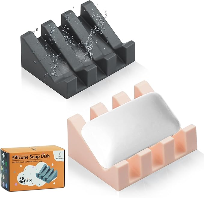 Silicone Soap Dish for Bar Soap Holder for Shower Bathroom Self Draining Waterfall Drying Tray Keep Soap Bars Dry Clean & Easy Cleaning (Grey/Pink, 2)