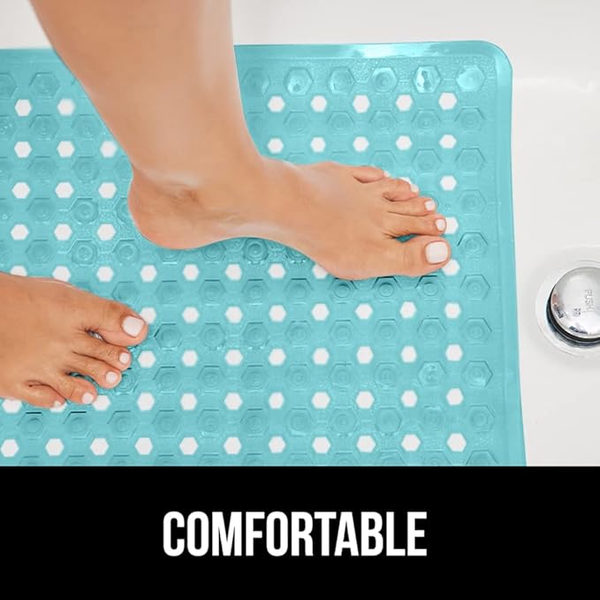 GORILLA GRIP Patented Bath Tub Shower Mat, Machine Washable Bathtub Floor Liner Mats, Suction Cups and Drain Holes to Keep Tubs Clean, Soft on Feet, Bathroom Essentials, 35x16 Inch, Clear Turquoise