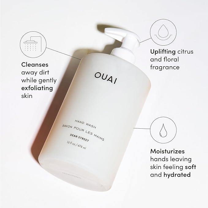 OUAI Hand Wash Full Size, Dean Street - Liquid Hand Soap with Jojoba, Avocado, & Rose Hip Oil for Replenished Skin - Gentle Exfoliating Kitchen & Bathroom Soap - (2 Pack, 16 Fl Oz Each)