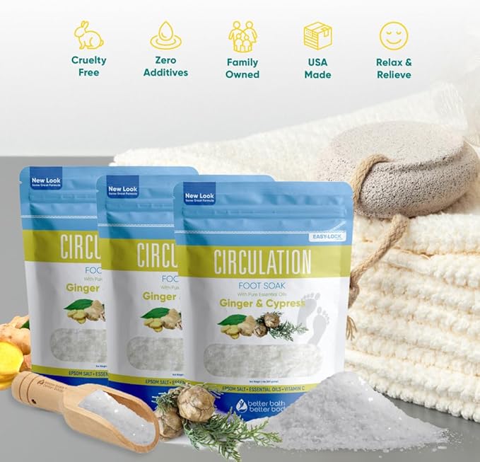 Circulation Foot Soak (3-Pack with Scoop) Foot Soaking Epsom Salts with Pure Essential Oils in BPA Free Pouch with Press-Lock Seal Made in USA, Three 2-Lbs Pouches 6-Lbs Total